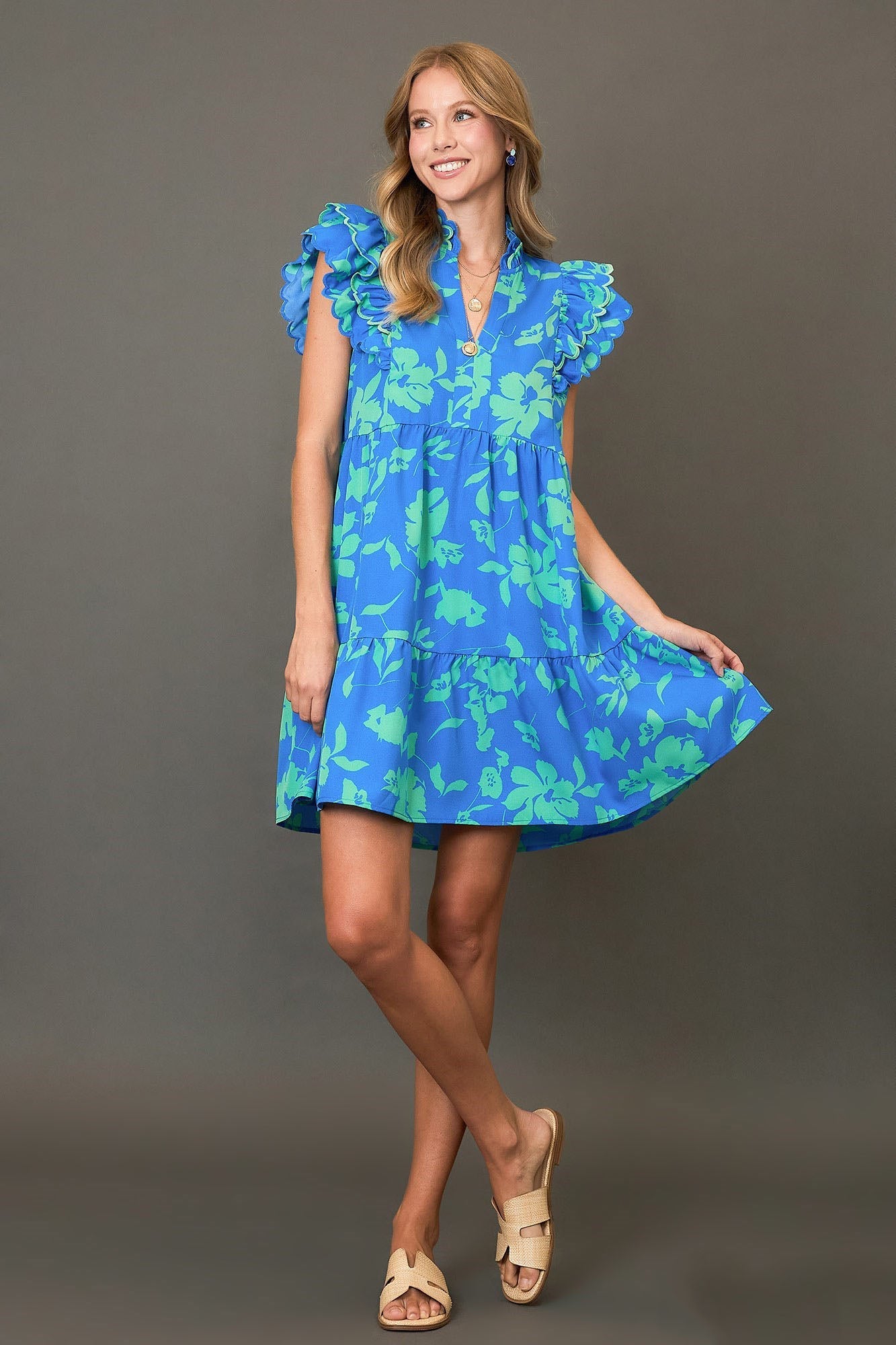 Blue Full Size Two-Tone Floral Print Ruffle Cap Sleeve Mini Dress Plus Size Elegant Dress