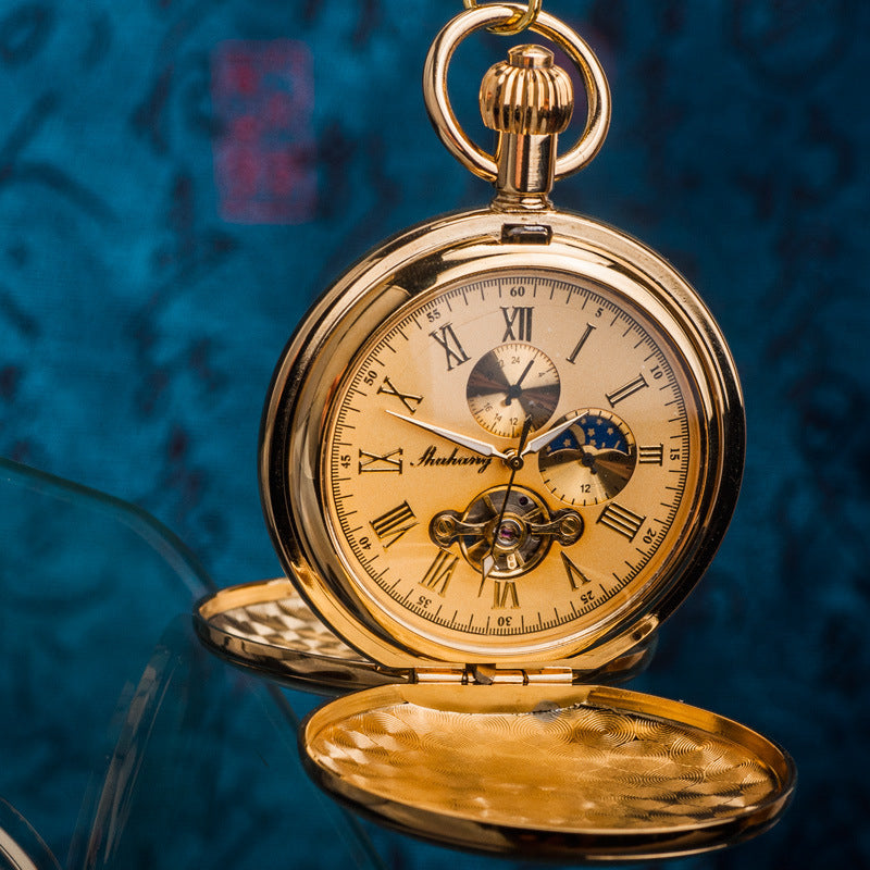 Pure Copper Double-Opening Flip-Top Mechanical Pocket Watch Sun Moon And Stars