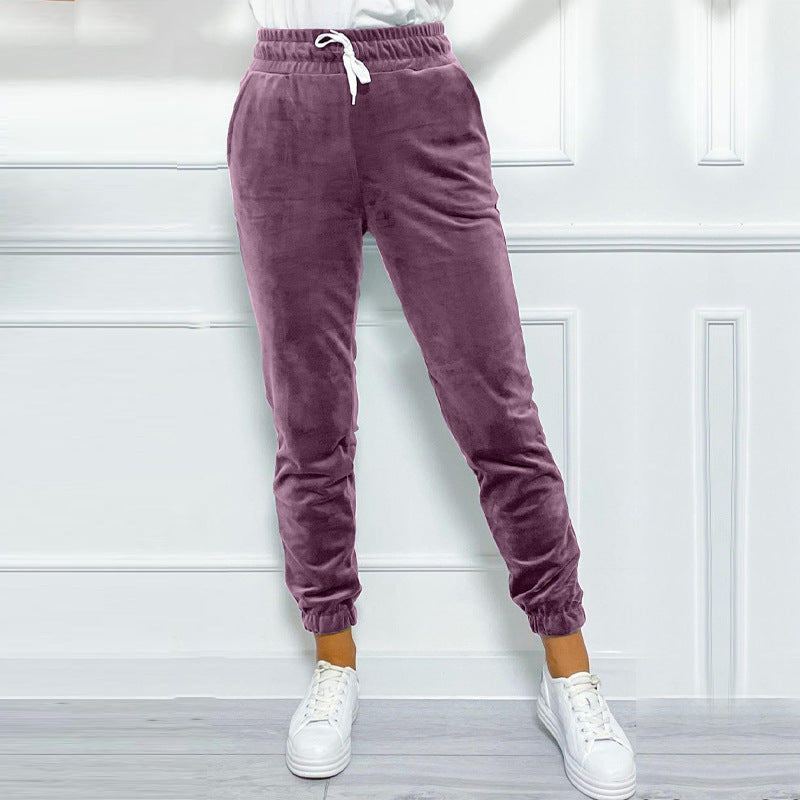 Versatile Women's Jogger Pants With Elastic Waistband And Drawstring, Korean-style Velvet Casual Pants, Sportswear