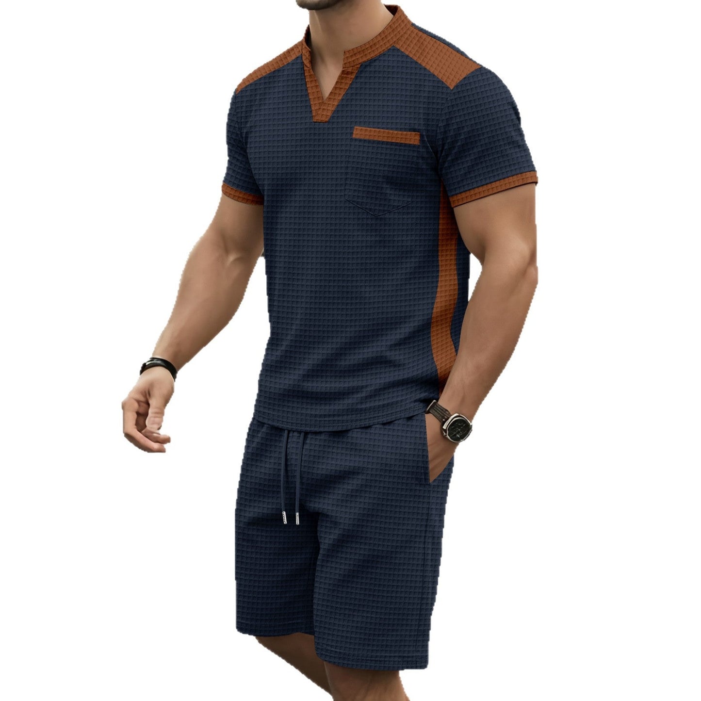 Mens V-neck Short-Sleeve T-Shirt And Shorts Sports Set