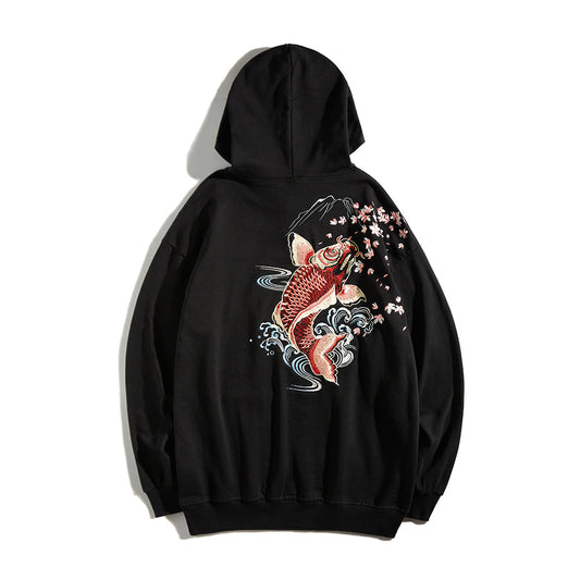 KH9197 Sweat à capuche brodé carpe koï rouge