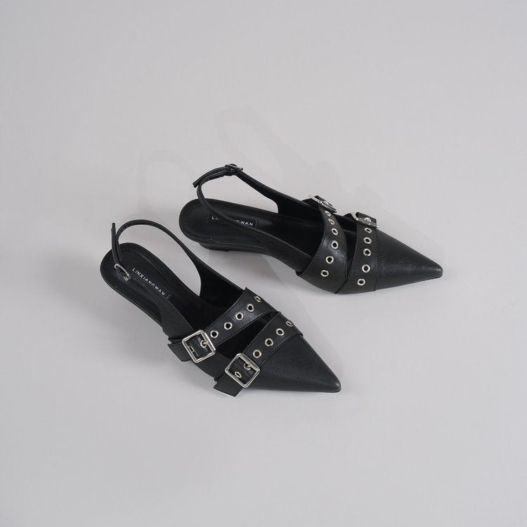 Women Pointed Toe High Heel Mules, Belt Buckle Closed Toe Slide Sandals, Vintage Backless Pumps For Outdoor Wear