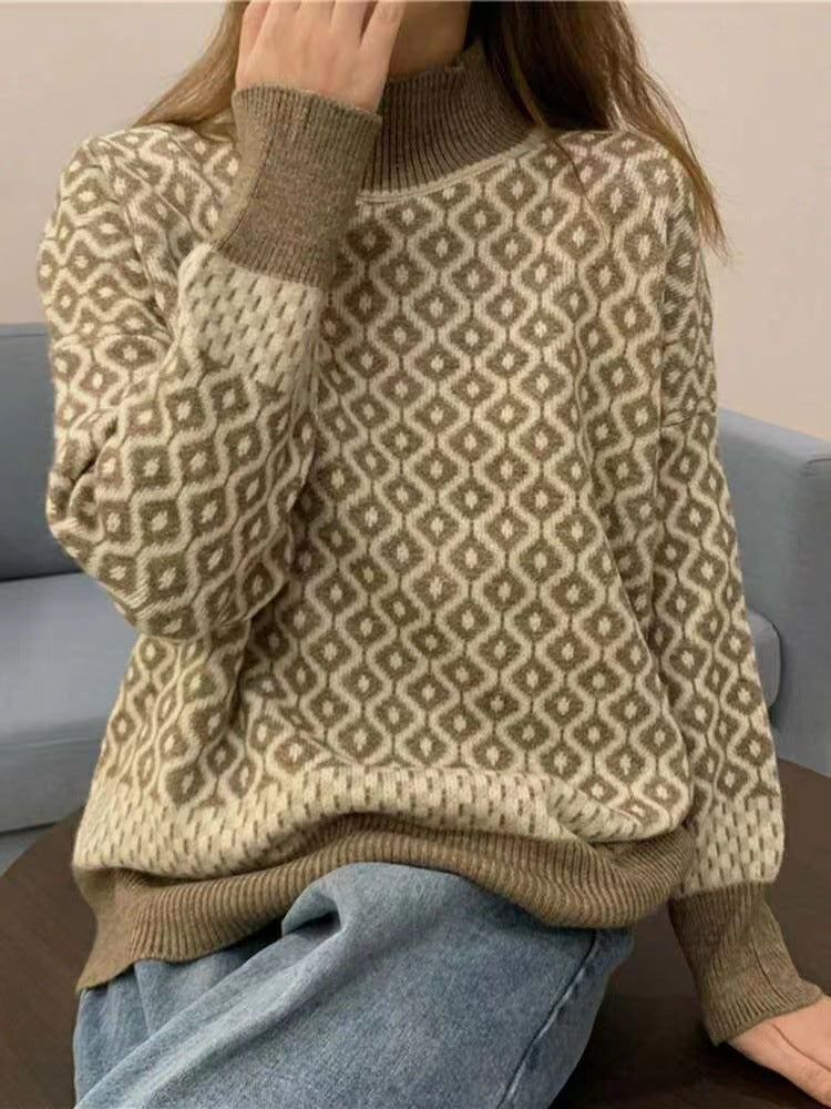 Womens Retro Chic Contrast-Knit Sweater