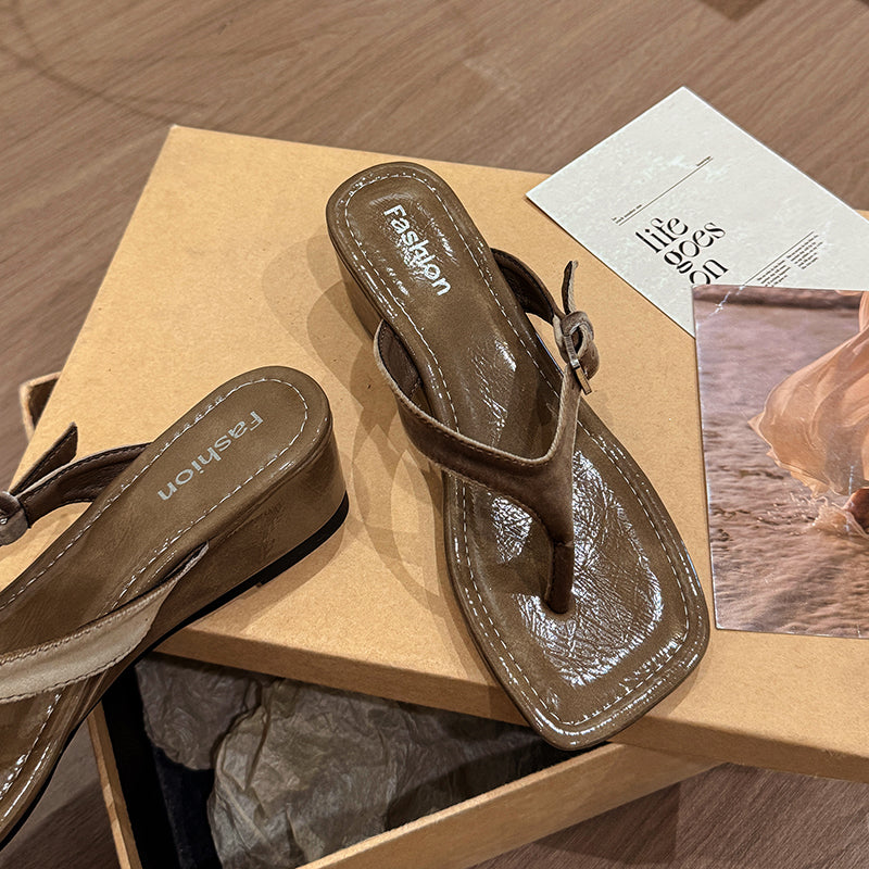 Women's French Square Toe Wedge Platform Thong Sandals For Outdoor Wear