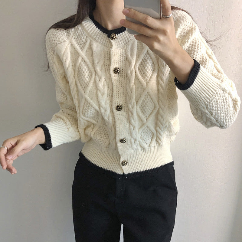Color-block Button-up Cardigan Sweet-style Outerwear, Knit Sweater