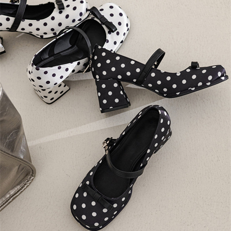 Fashionable Polka Dot Bow Mary Jane Shoes For Women In Spring, Sweet And Stylish, Thick Soled, Thick Heel, Single Button Small Fragrant High Heels