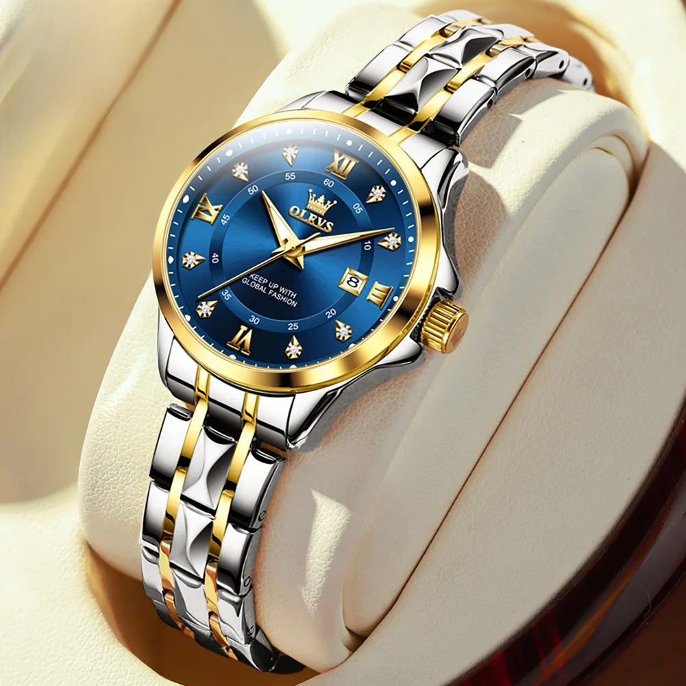 Damen Goldene Edelstahl-Armbanduhr mit kleinem Zifferblatt und Datumsanzeige