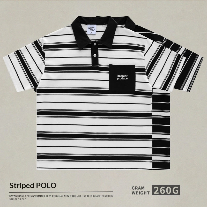 Loose-fitting Polo Shirt With A Lapel Collar Short-sleeved Striped T-shirt