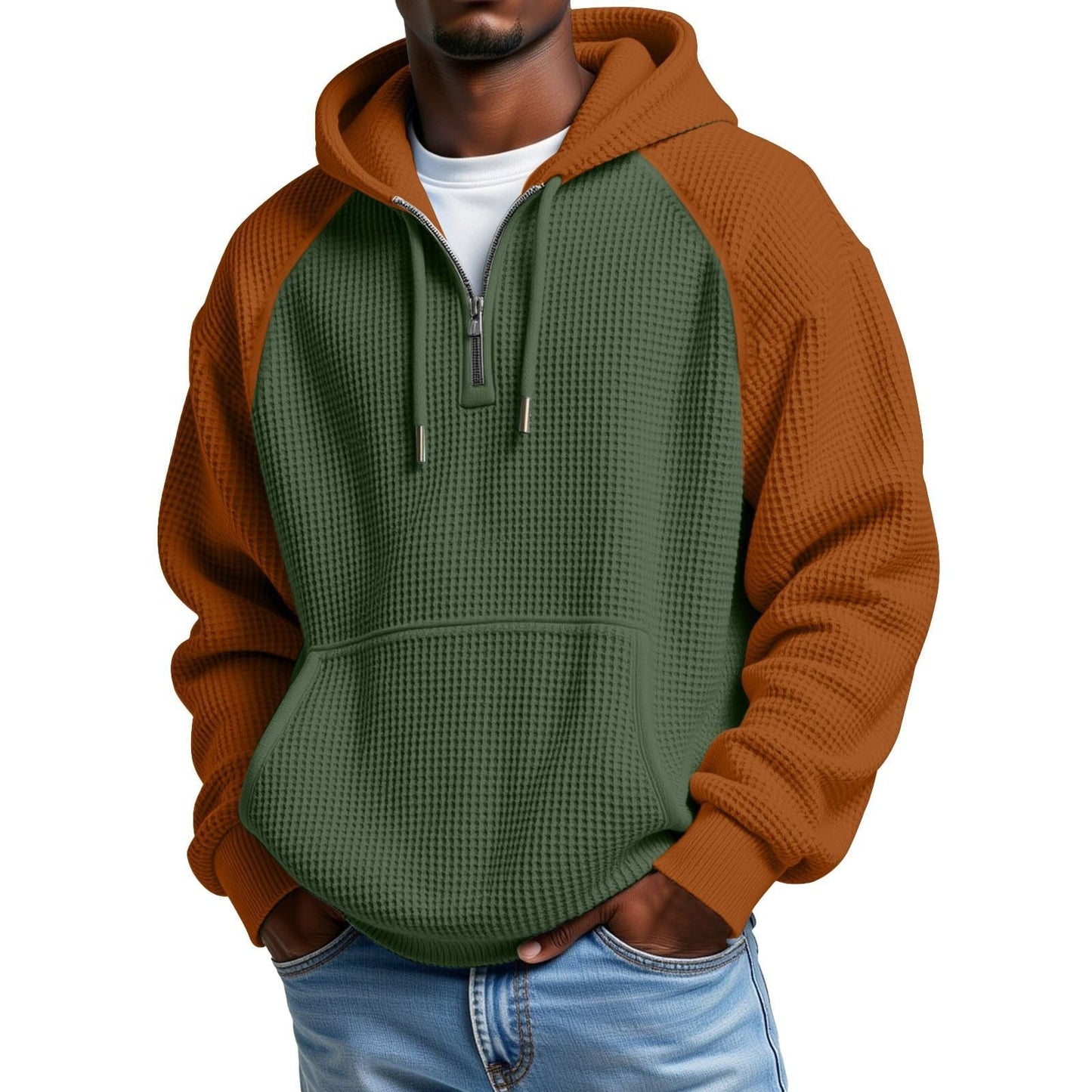 Color-block Waffle-knit Long-sleeve Hooded Jacket