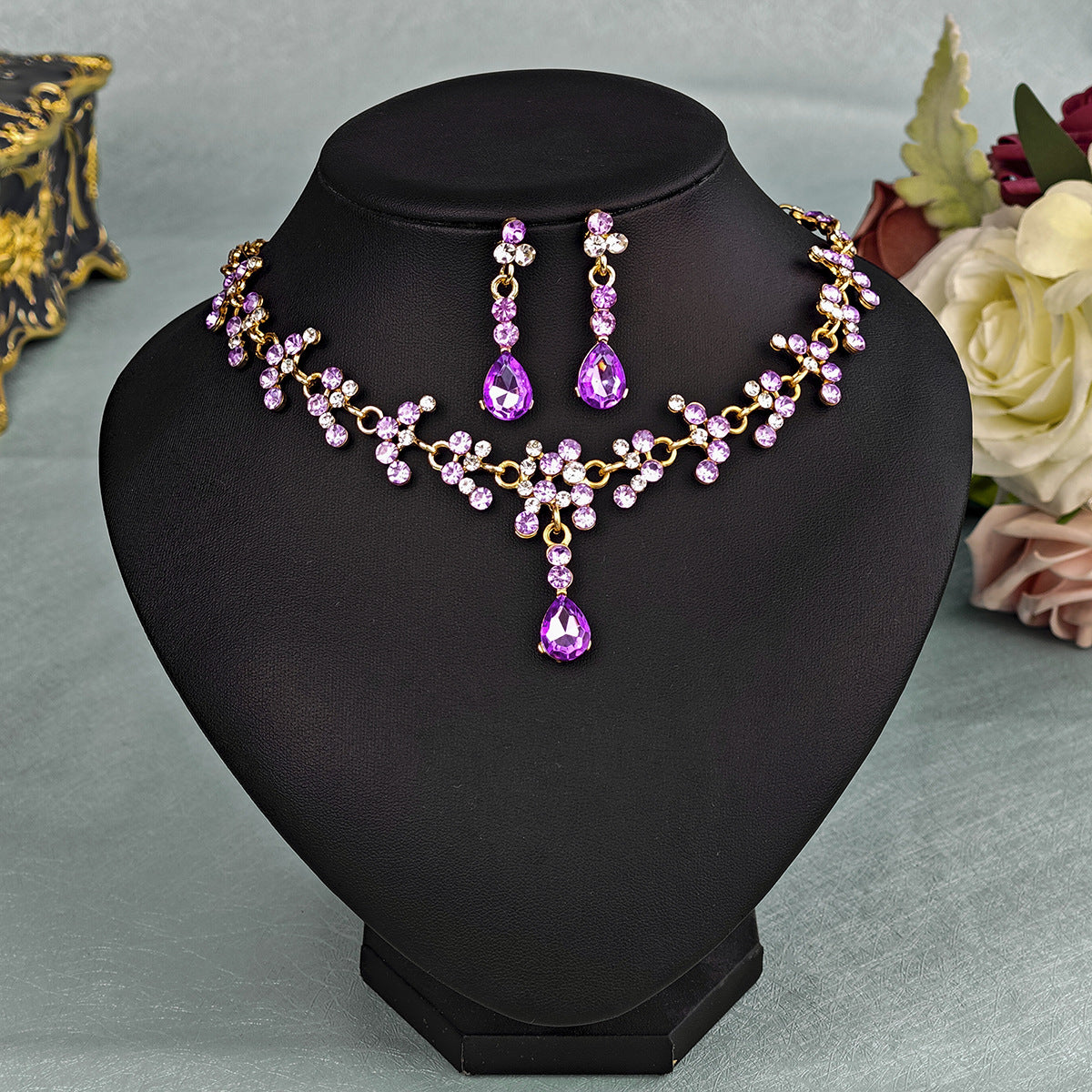 Rhinestone Pearl Earrings And Necklace Set Women