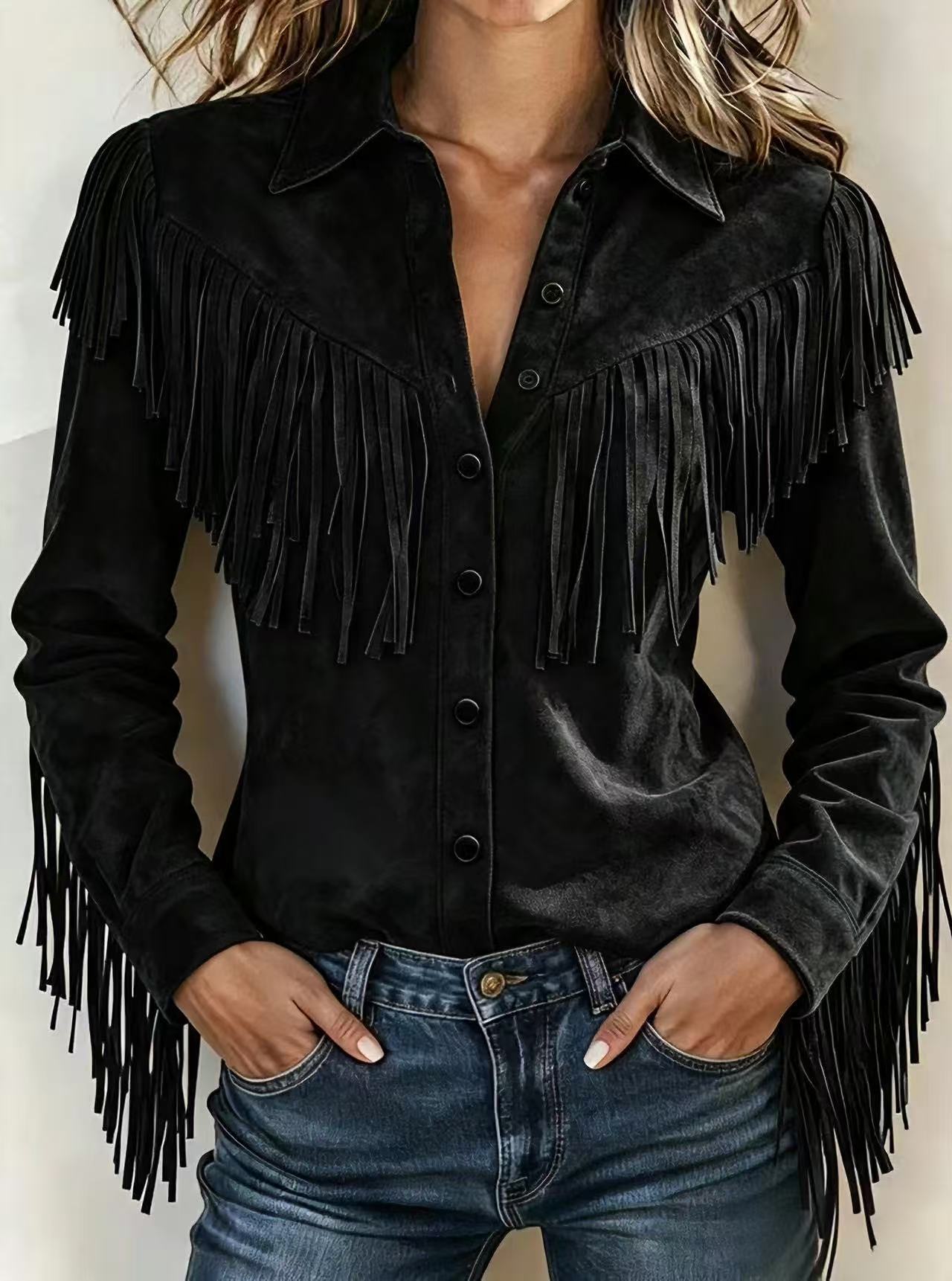 2026 Cross-Border European And American Style Fashion Tassel Suede Long-Sleeved Jacket