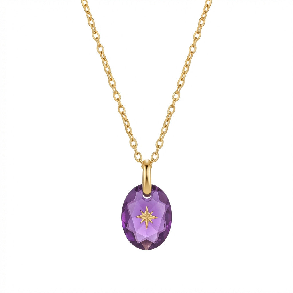 Vintage-style Natural Stone Twelve Zodiac Birthstone Star Pendant Titanium Steel Necklace