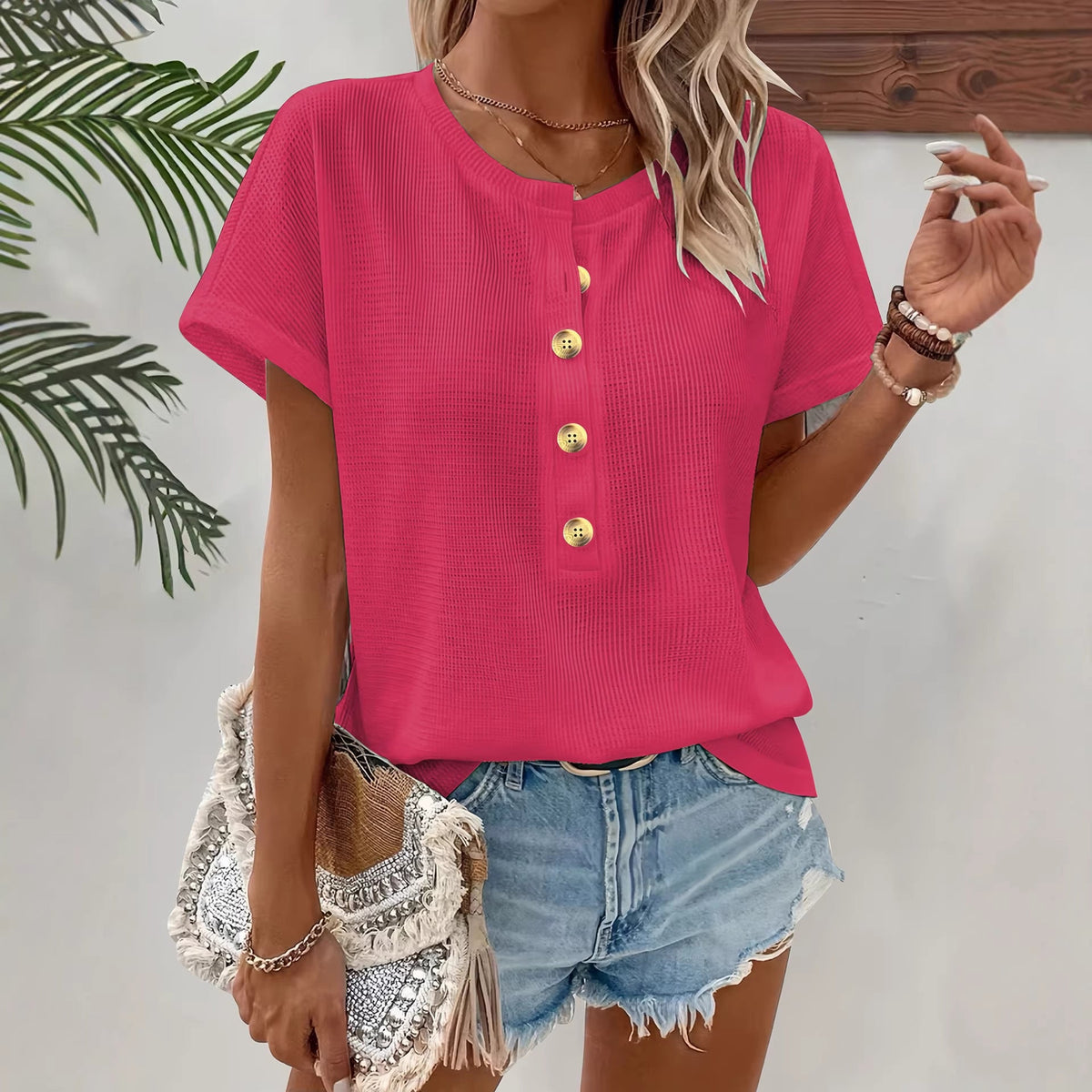 Buttoned Crew-neck Batwing-sleeve Loose-fit T-shirt Top