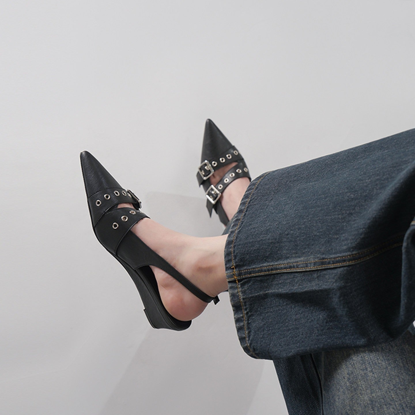 Black Punk Double Buckle Eyelet Pointed Toe Slingback Flat Mules For Women, Vintage Backless Slide Sandals