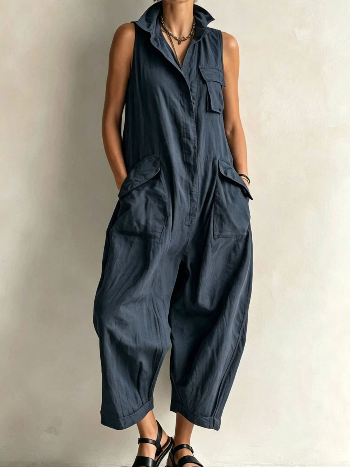 Women's Cotton Sleeveless Cargo Jumpsuit – Wide Leg Multi-Pocket