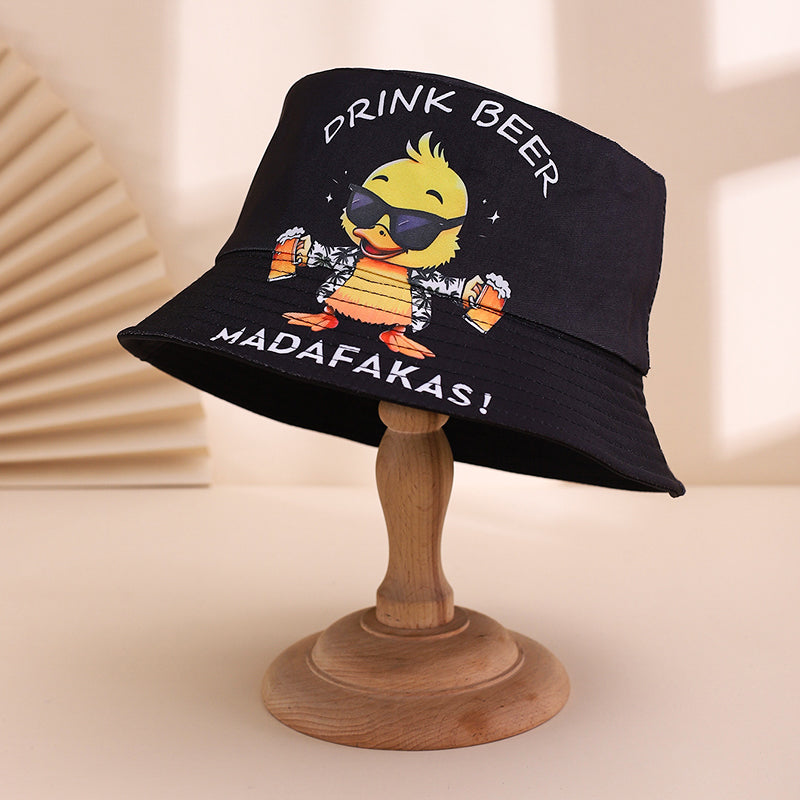 Men's And Women's Multi-purpose Printed Letter-shaped Yellow Duck Style Casual Fisherman Hat With Dual Sides, Suitable For Beer Festival Parties And Gatherings.