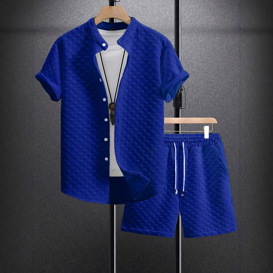 Men's Jacquard Casual Short Sleeve Shirt Outfit