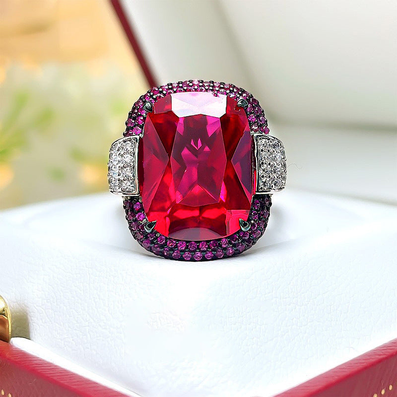 Cushion Emerald & Fuchsia Tone Simulated Zirconia Two Tone Pave Statement Ring Silver Tone Women Party Finger Ornaments
