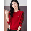 Womens Casual Outfit Round-neck Color-block Sweater Loose-fitting Cropped Knit Top