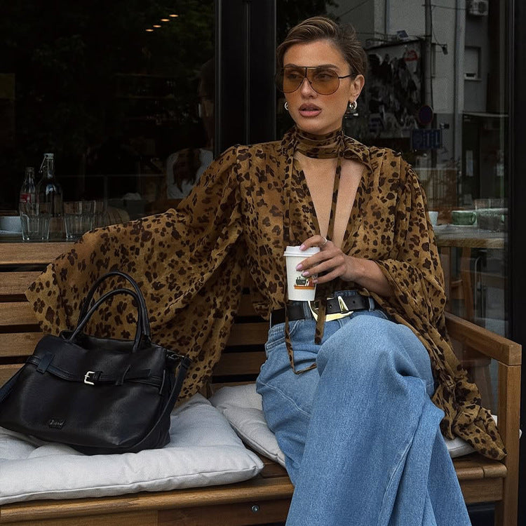 Leopard-print Hollow-out Small Stand-up Collar Long-sleeve Shirt