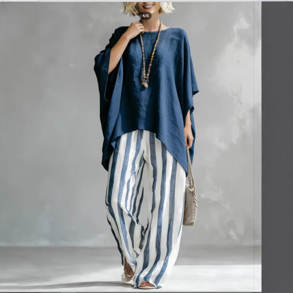 Women's Striped Batwing-Sleeve Loose Two-Piece Set