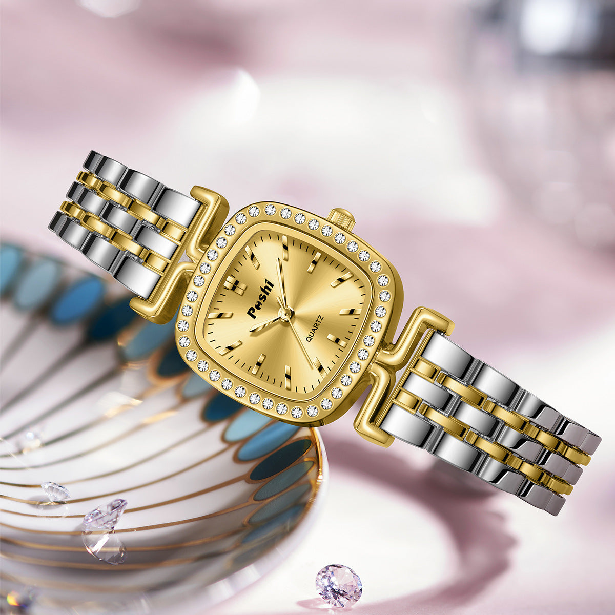 Diamond-encrusted Dial Oval-shaped Steel Bracelet Quartz Womens Watch