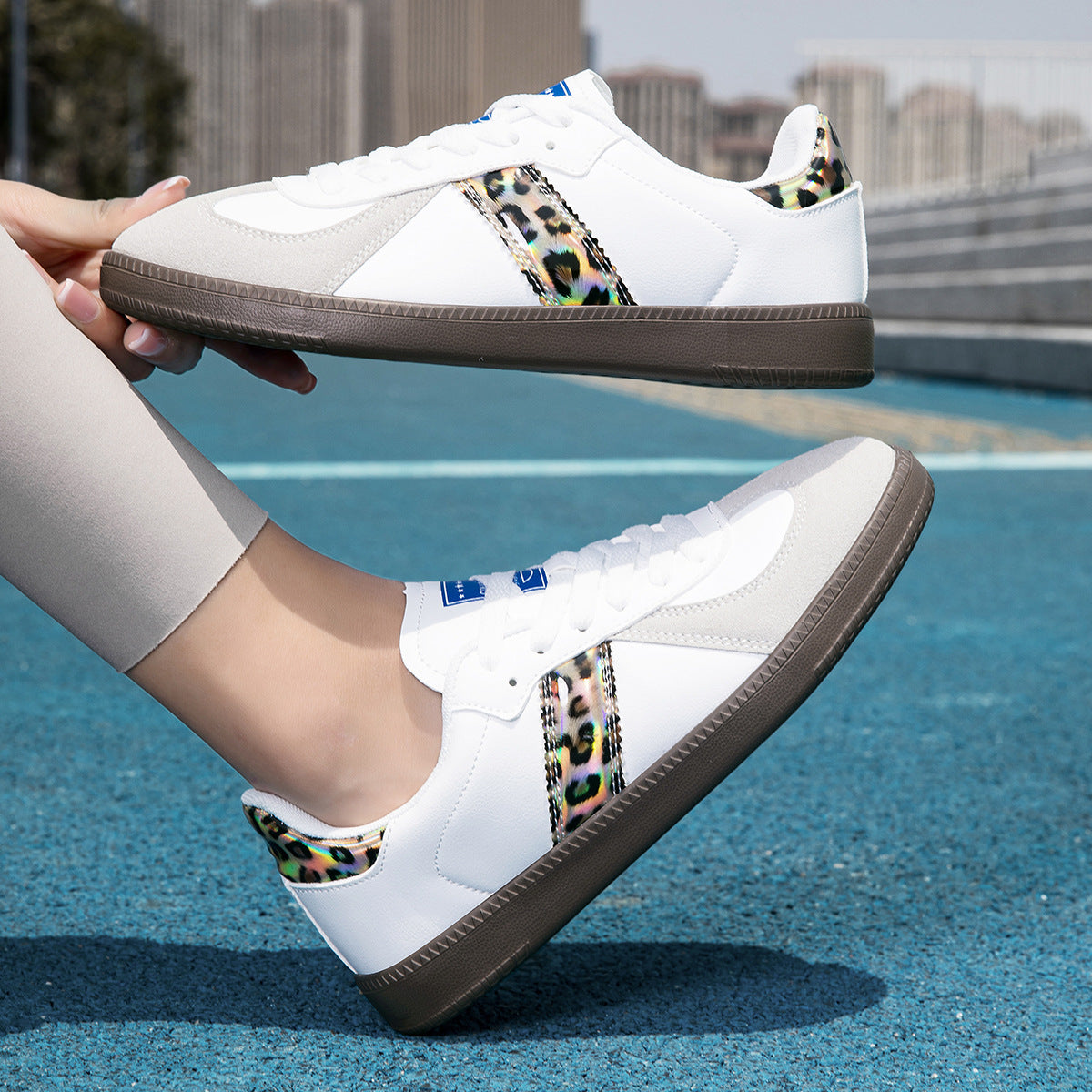 Womens Style White Lace Up Casual Sneakers With A Leopard Print Flat Sole