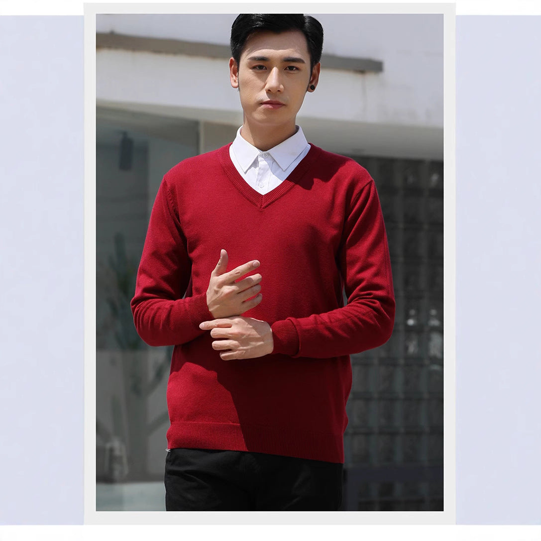 Mens Loose-Fit V-Neck Sweater Thick And Warm Knitted Top