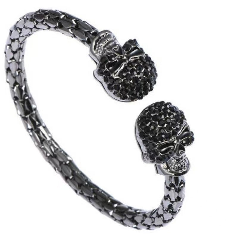 Shimmering Light-luxury Golden Skull Open Bangle Studded With Diamonds