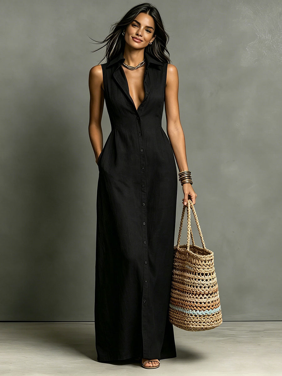 Women's Stand-Collar A-Line Maxi Dress