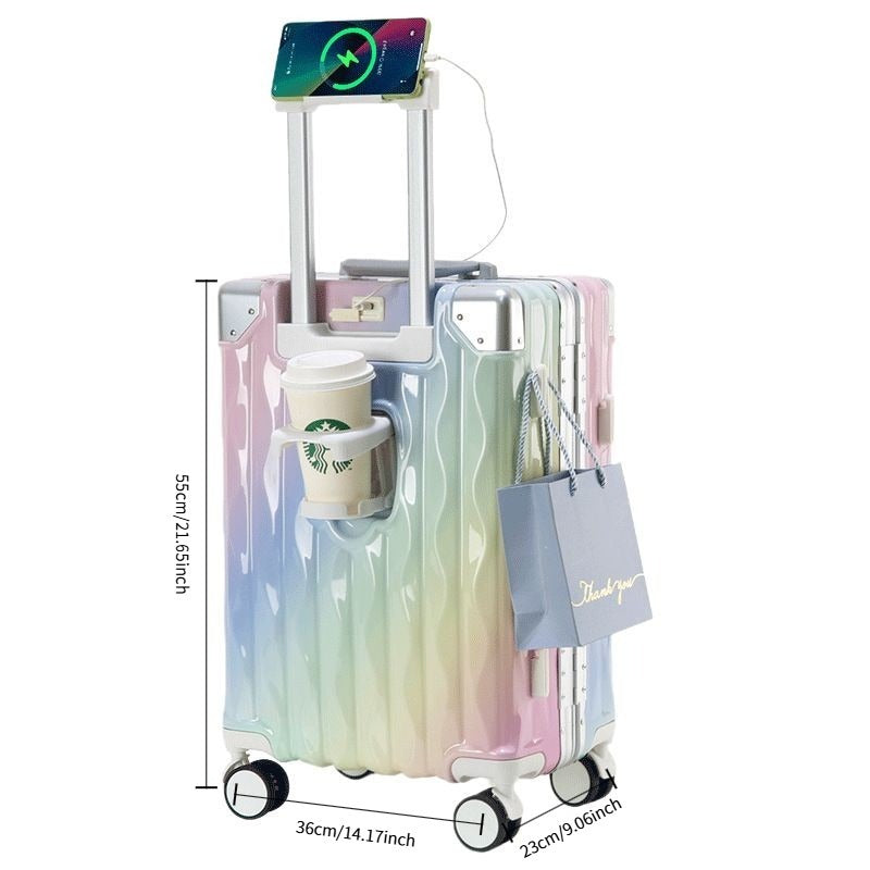 Aluminum Frame Hard Shell Luggage, Colorful And Fashionable, No Zipper Aluminum Frame, TSA Lock, With Cup Holder USB Interface, Aluminum Frame Travel Box, Durable Password Box