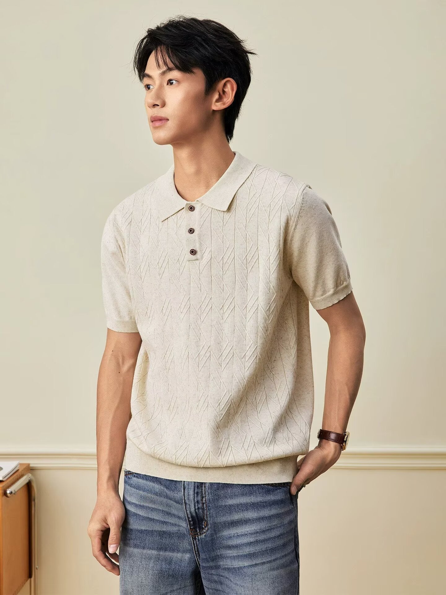 Japanese-style Retro Mens Knitted T-shirt Top