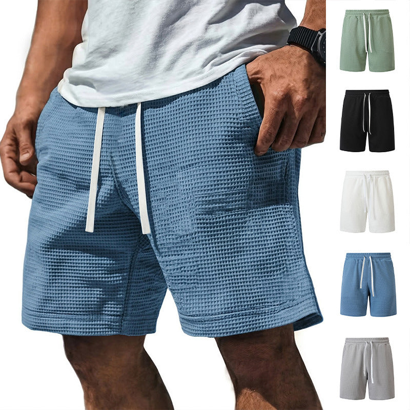 Mens Casual Waffle-Weave Shorts With Drawstring Pockets