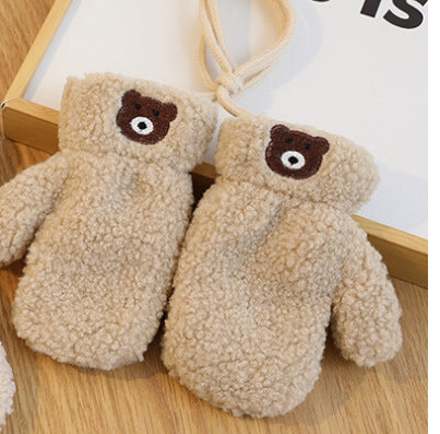 Korean Solid Color Bear Children's Gloves Set Autumn And Winter