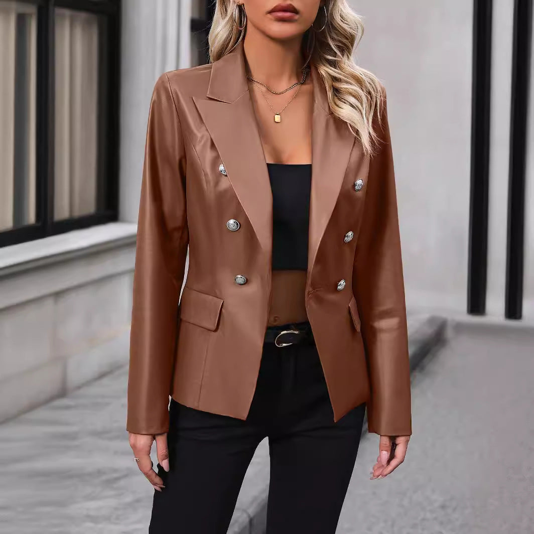 Women's Double Breasted Suit Motorcycle Leather Coat