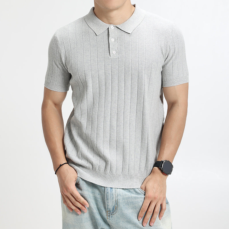 Mens Light-Luxury Rib-Knit Polo Shirt