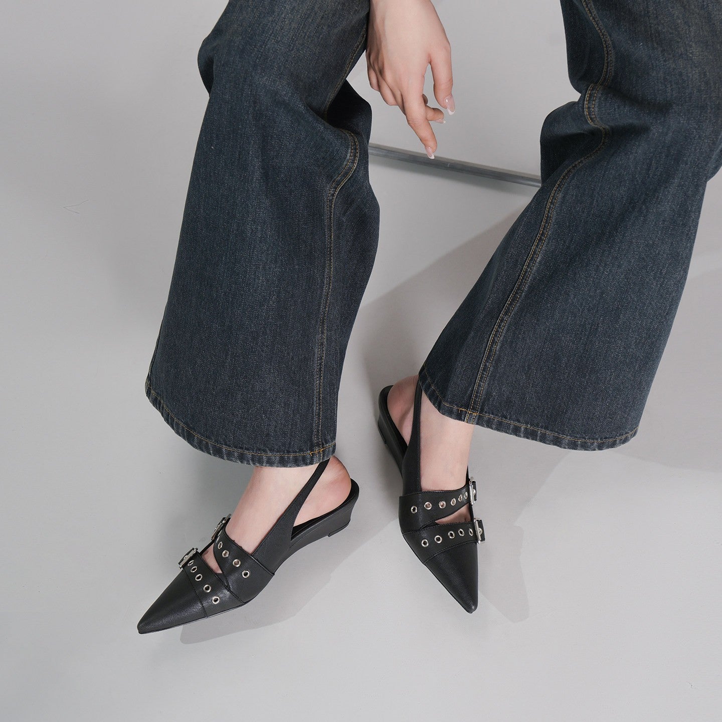 Black Punk Double Buckle Eyelet Pointed Toe Slingback Flat Mules For Women, Vintage Backless Slide Sandals