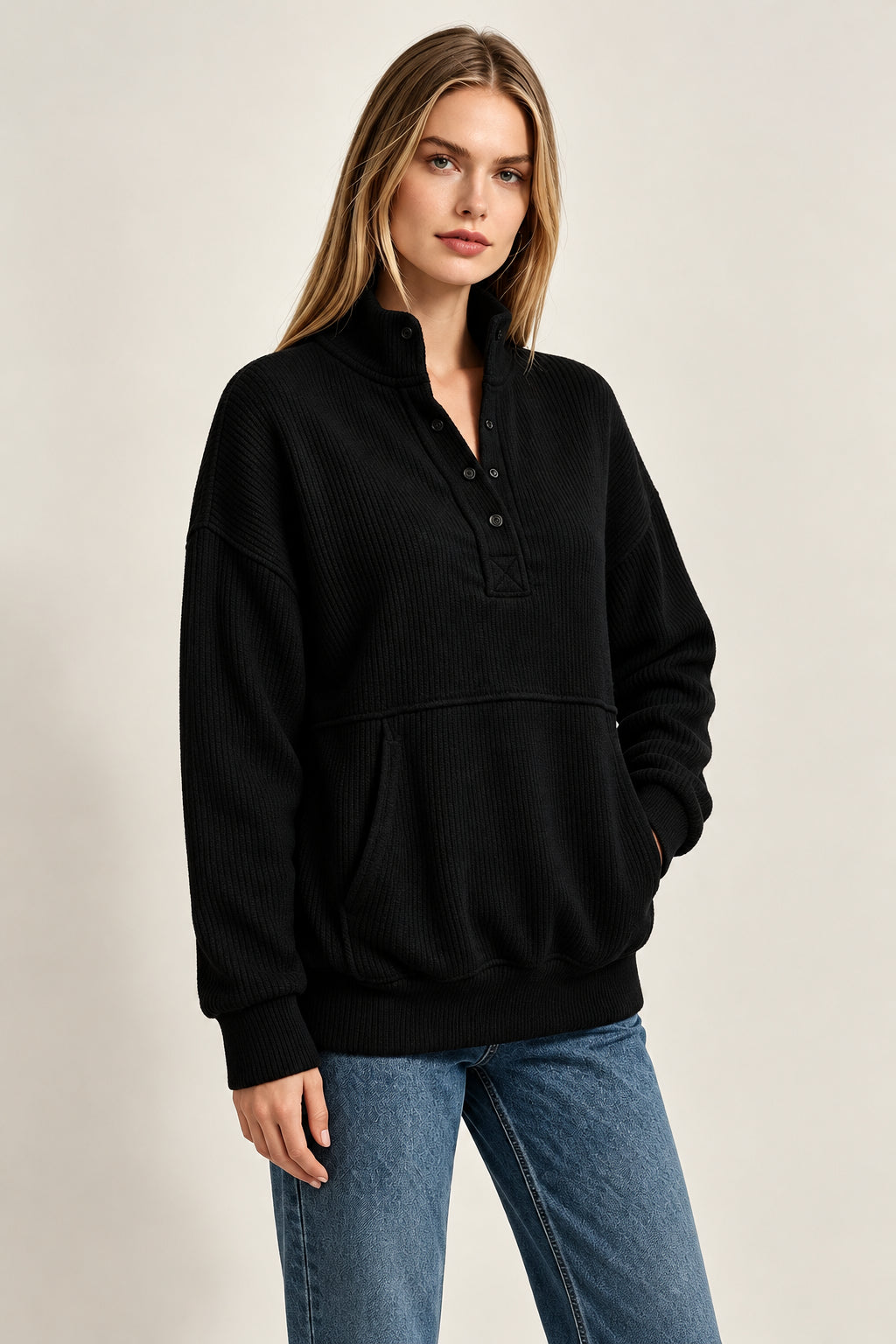 Women's Textured Button-Neck Sweatshirt with Front Pocket