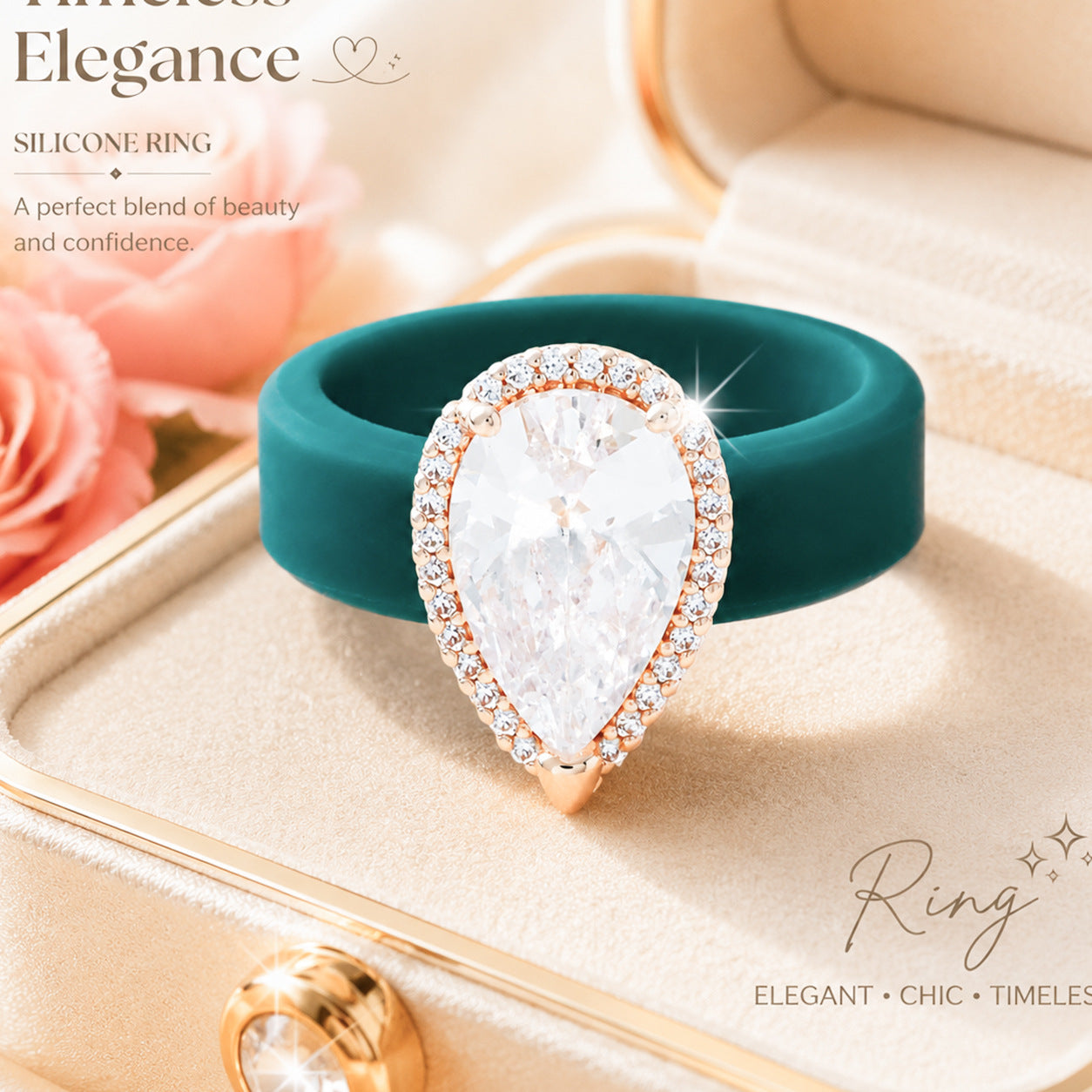 Silicone-inlaid Water-drop-shaped Zircon Ring