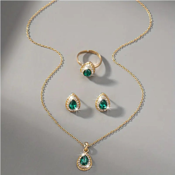 Jewelry Suit Women's Water Drop Gem Series Necklace Earring Ring Bracelet Four-piece Set