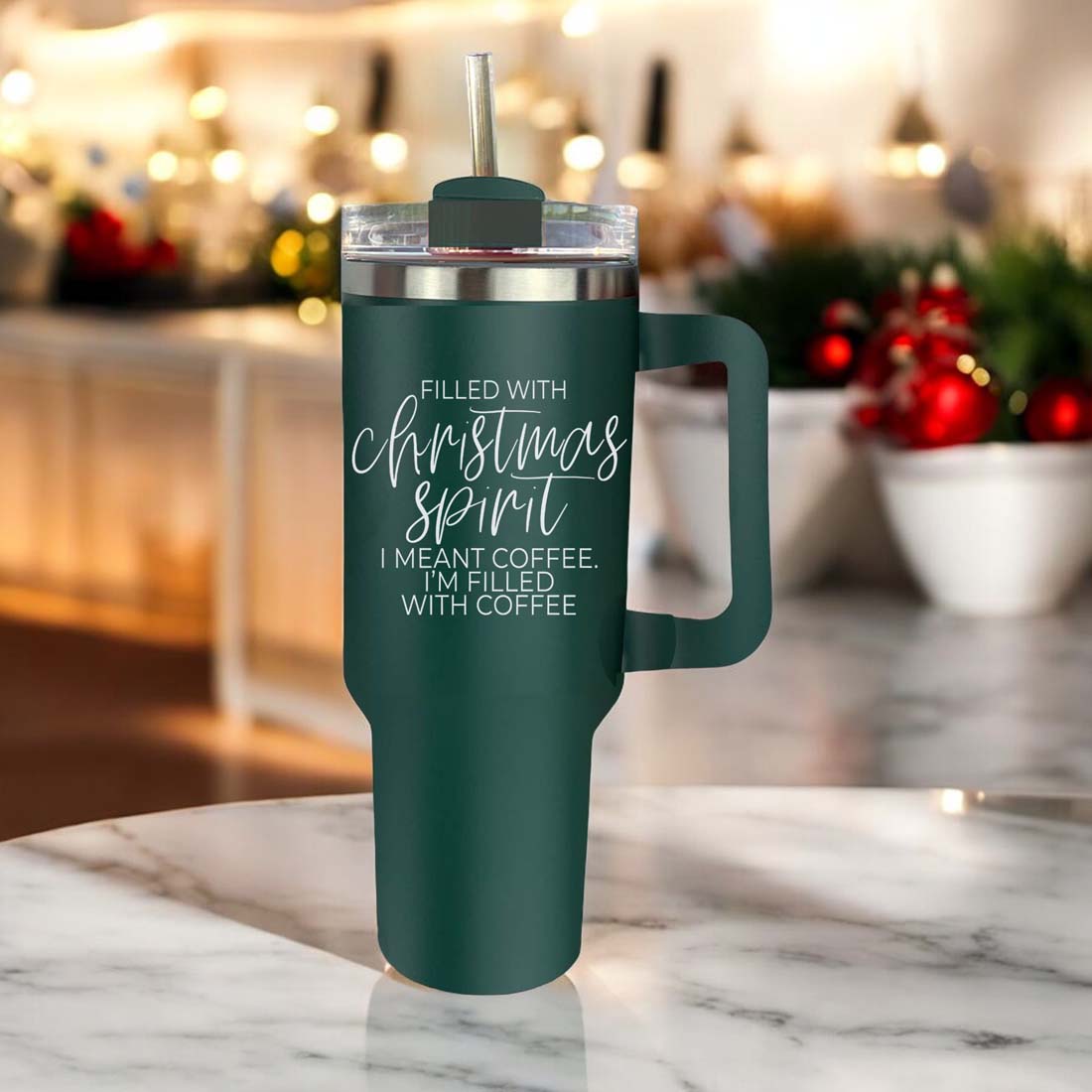 Gobelet isotherme de Noël de 1,2 L avec anse, couvercle et paille - Tasse à café