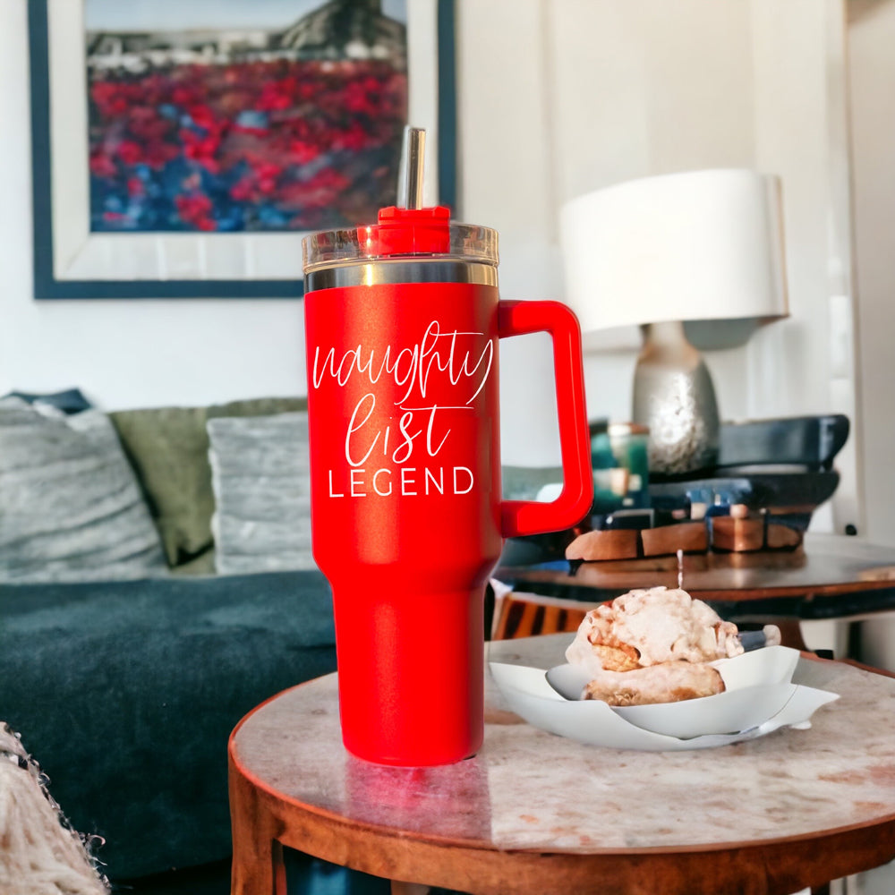 40oz Insulated Christmas Tumbler Red Mug With Handle Lid Straw Naughty Legend