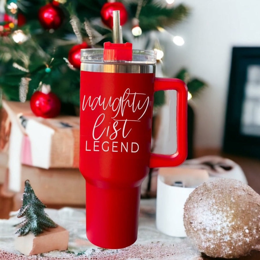 40oz Insulated Christmas Tumbler Red Mug With Handle Lid Straw Naughty Legend