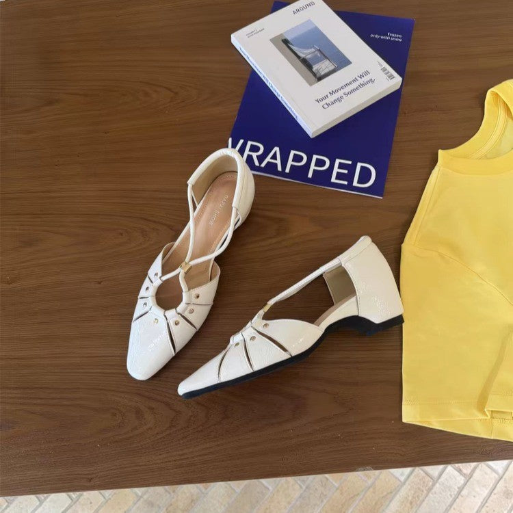 2026 Spring Summer New Women Retro Pointed Toe Sandals, Niche Luxury Hollow Out Inner Heightening Single Strap Outdoor Flats