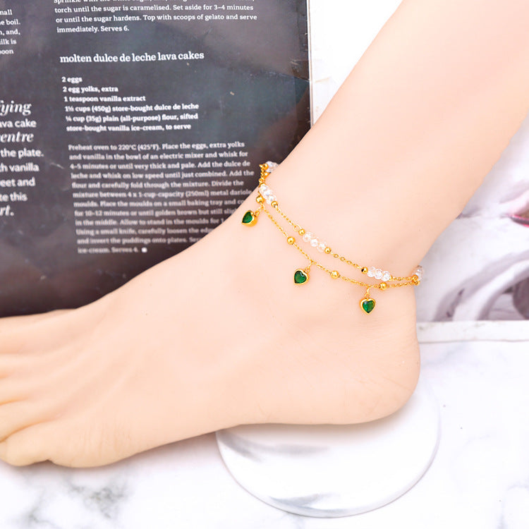 Fashionable Double-Layer Zircon Heart Pendant Anklet
