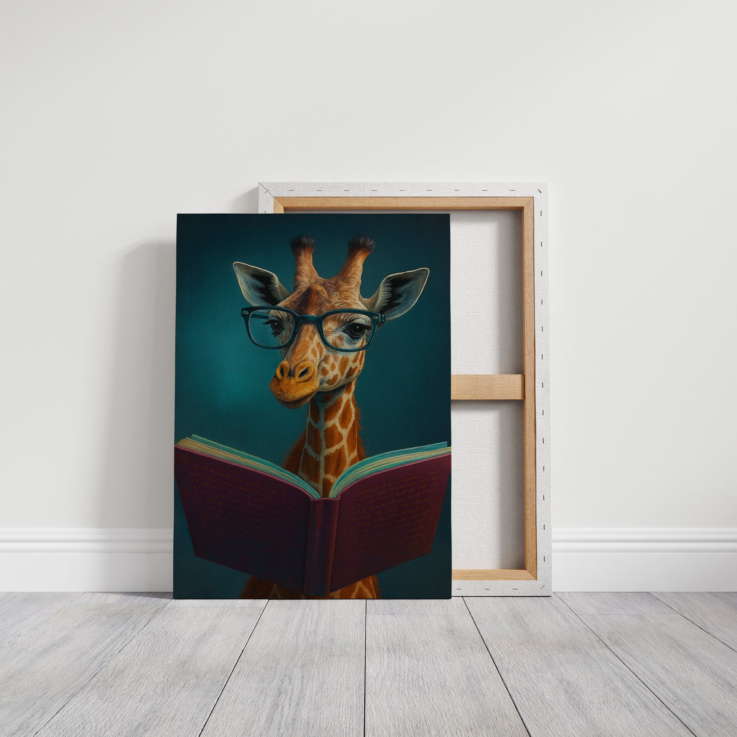 Girafe à lunettes lisant un livre