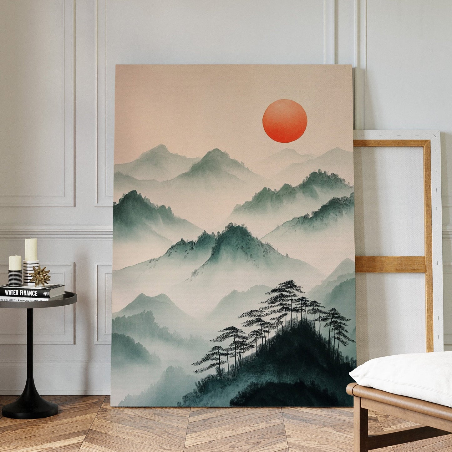 Nebelgebirgs-Sonnenaufgang – Ruhiger, asiatisch inspirierter Landschaftsdruck