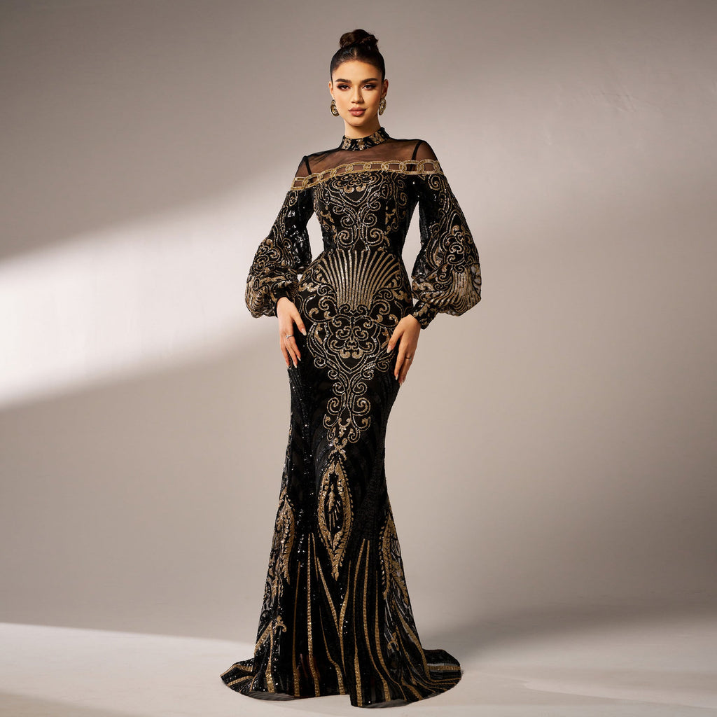 Long Sleeve Round Neck Sequins Mesh Fishtail Evening Dress