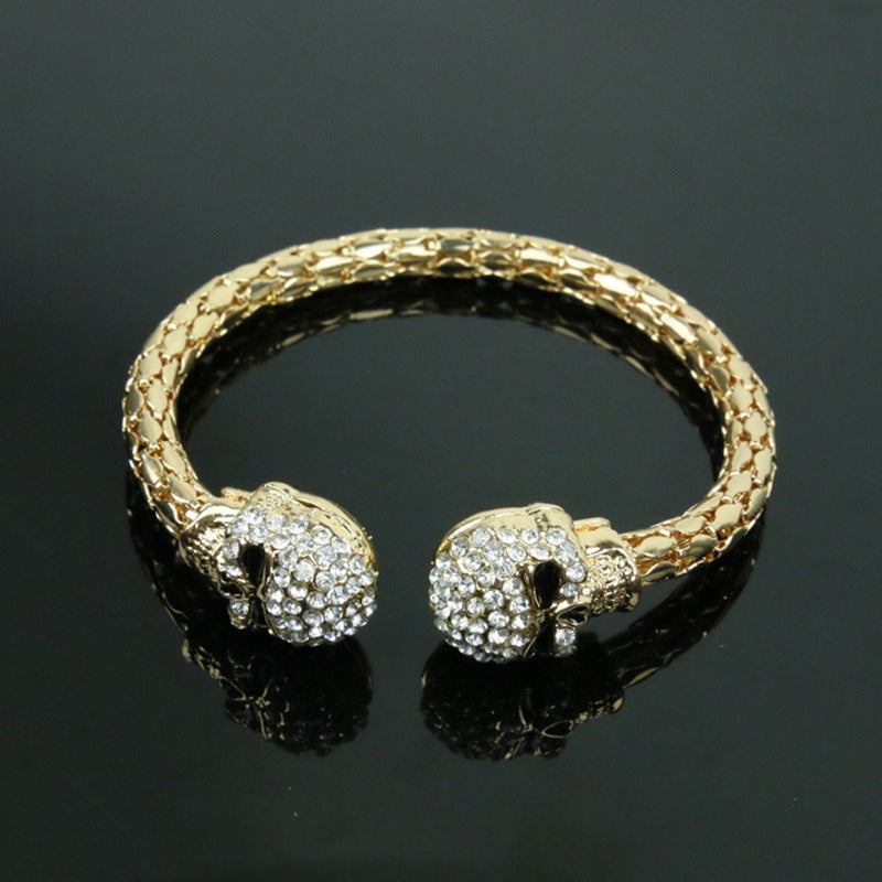 Shimmering Light-luxury Golden Skull Open Bangle Studded With Diamonds