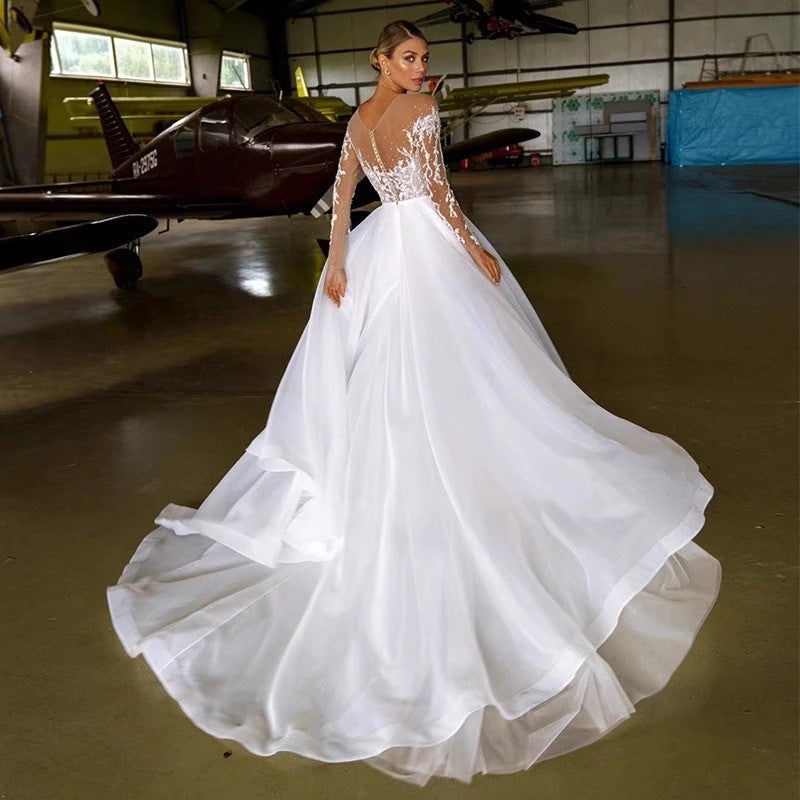 Embroidered Long Sleeve Off-the-shoulder Wedding Dress